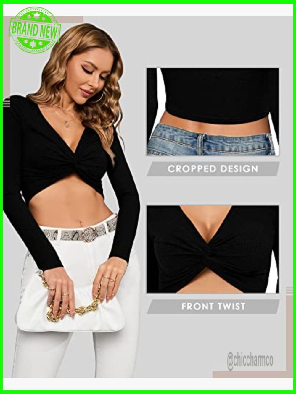 Long Sleeve Twist Front Crop Top Ribbed V Neck Going Out Shirt - Picture 6 of 7